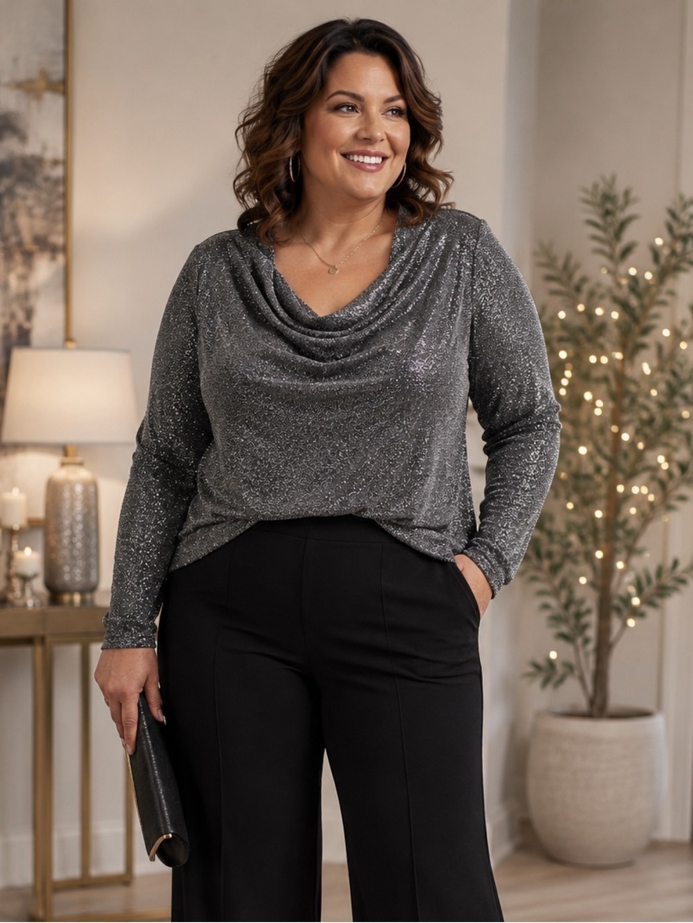 Sparkly Gray Cowl Neck Top Glam Holiday Evening Blouse